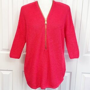 NWT Express Bright Pink Zip V-Neck Relaxed Fit Dolman Sweater Small